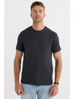 Tudors Erkek Slim Fit Dar Kesim Pamuklu Yumuşak Doku Likralı Esnek Kumaş Basic Gri Bisiklet Yaka Tişört