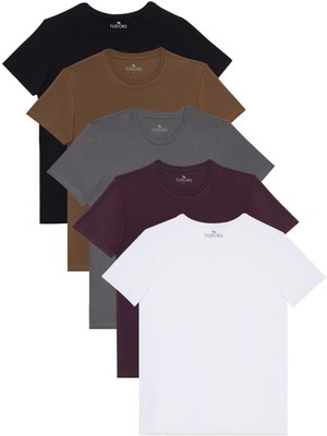 Tudors Unisex 5'li Paket Beyaz-Mor-Gri-Kahverengi-Siyah Slim Fit Dar Kesim %100 Pamuk Bisiklet Yaka Tişört