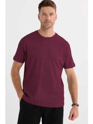 Tudors Unisex Relax Fit Rahat Kesim %100 Pamuk Yumuşak Dokulu Hafif Kalın Bordo Bisiklet Yaka Tişört