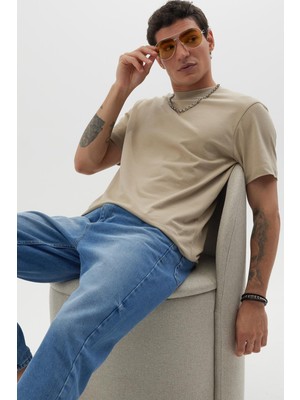 Tudors Erkek Regular Fit Klasik Kesim %100 Pamuk Bisiklet Yaka Bej Tişört