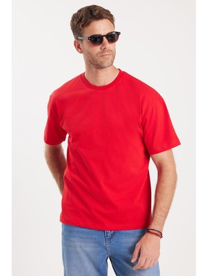 Tudors Erkek Boxy Fit Bol Kesim %100 Pamuk Bisiklet Yaka Kırmızı Tişört