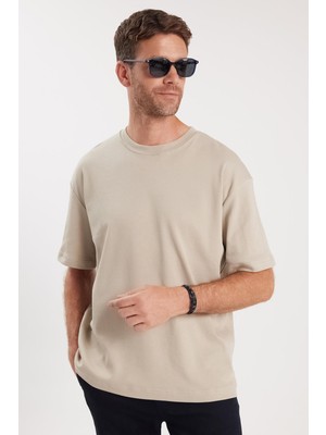 Tudors Unisex Oversize Geniş Kesim %100 Pamuk Yumuşak Dokulu Basic Bisiklet Yaka Taş Tişört
