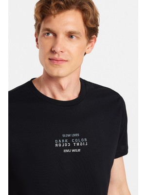 Tudors Erkek Slim Fit Dar Kesim %100 Pamuk Yumuşak Dokulu Baskılı Siyah Bisiklet Yaka Tişört