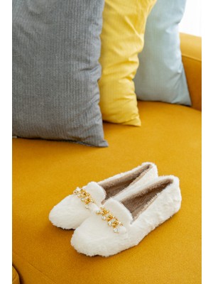 Slipcat Yumuşak Peluş Kadın Taşlı Ev Babeti Hafif Taban Panduf Beyaz Renkli Şık Desenli