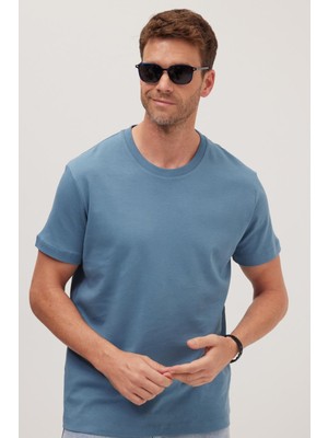 Tudors Unisex Relax Fit Rahat Kesim %100 Pamuk Yumuşak Dokulu Hafif Kalın Mavi Bisiklet Yaka Tişört