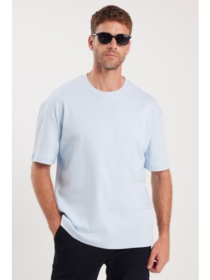 Tudors Unisex Oversize Geniş Kesim %100 Pamuk Yumuşak Dokulu Basic Bisiklet Yaka Mavi Tişört