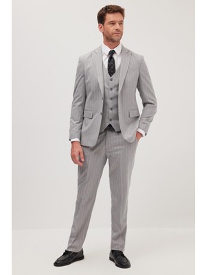 Tudors Erkek Slim Fit Gri Esnek Likralı Kumaş Sivri Yaka Yelekli Takım Elbise