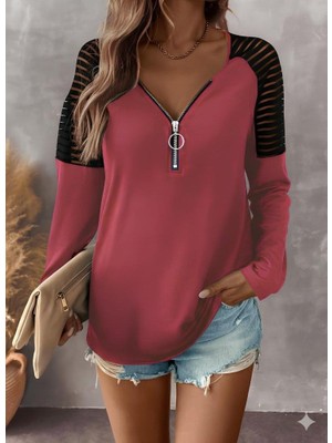 Mareandpanda Kadın Uzun Kollu Yakadan Fermuarlı Viskon Bluz