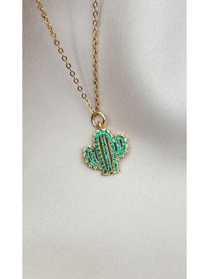Fıora Zirkon Taşlı Yeşil Kaktüs Kolye Gold Ayarlanabilir Zincir