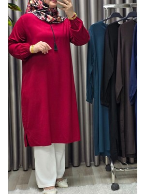 Elmas Tesettür Kadın Tesettür Giyim Büyük Beden Tek Renk Ipli Tunik