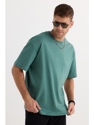 Tudors Unisex Oversize Geniş Kesim %100 Pamuk Yumuşak Dokulu Basic Bisiklet Yaka Yeşil Tişört