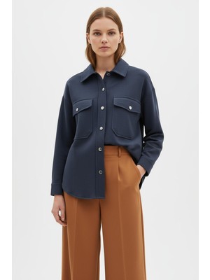 Rays İndigo Büyük Cepli Ceket Yaka Uzun Kollu Kadın Gömlek 8108A