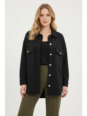 Rays Siyah Büyük Cepli Ceket Yaka Uzun Kollu Kadın Gömlek 8108A