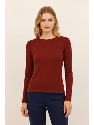 Rays Bordo Uzun Kollu Bisiklet Yaka Dikiş Detaylı Kadın Body 8223A
