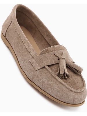 Limoya Doris Hakiki Deri Bej Süet Püsküllü Kadın Loafer Ayakkabı