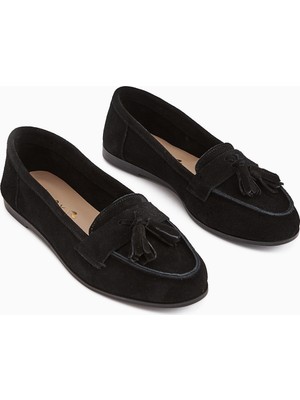 Limoya Doris Hakiki Deri Siyah Süet Püsküllü Kadın Loafer Ayakkabı