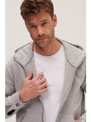 Tudors Erkek Relax Fit Rahat Kesim Fermuarlı Çift Cep Kapüşonlu Açık Gri Ceket Gömlek