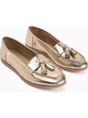 Limoya Doris Hakiki Deri Altın Metalik Püsküllü Kadın Loafer Ayakkabı