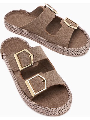 Limoya Horia Vizon Çift Bantlı Örgü Tabanlı Kadın Terlik