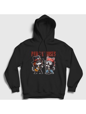 Presmono Unisex Siyah Paws N' Roses Guns N' Roses Kedi Kedili Kapüşonlu Sweatshirt
