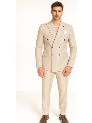 Plus Scorpion Çizgili Kruvaze Erkek Takım Elbise – Şık ve Rahat İtalyan Kesim, Belden Oturtmalı, Top Düğmeli