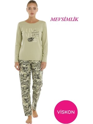 Bie's Kadın Yeşil Yaprak Desenli Bisiklet Yaka Düğmesiz Mevsimlik Likra Viskon Uzun Kol Pijama Takımı