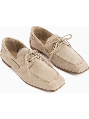 Limoya Arian Hakiki Deri Bej Süet Bağcıklı Makosen Günlük Loafer Kadın Ayakkabı