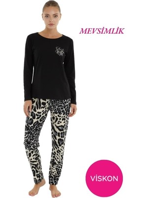 Bie's Kadın Siyah Desenli Bisiklet Yaka Düğmesiz Mevsimlik Likra Viskon Uzun Kol Pijama Takımı