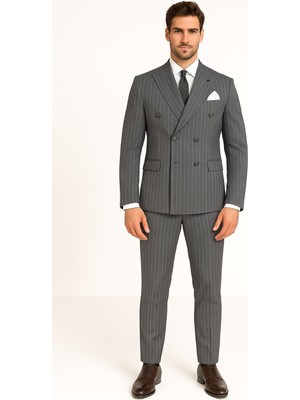 Plus Scorpion Çizgili Kruvaze Erkek Takım Elbise – Şık ve Rahat İtalyan Kesim, Belden Oturtmalı, Top Düğmeli