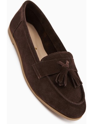Limoya Doris Hakiki Deri Kahve Süet Püsküllü Kadın Loafer Ayakkabı