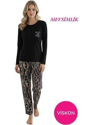 Bie's Kadın Siyah Desenli Bisiklet Yaka Düğmesiz Mevsimlik Likra Viskon Uzun Kol Pijama Takımı