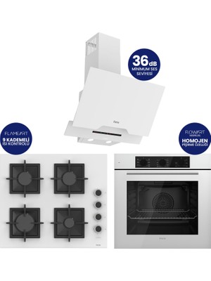 Ferre Flowart Turbolu Beyaz Cam Silenart Ankastre Set ( Kaymaz Döküm Izgara ) QBL62CB - SC206 - D064SA