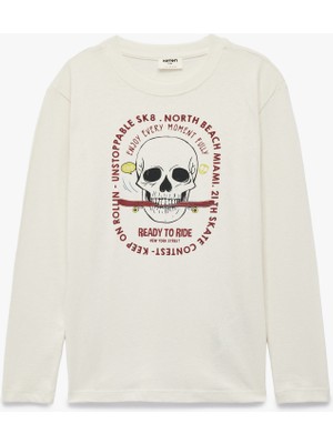 Koton Pamuklu Uzun Kollu Bisiklet Yaka Kurukafa Baskılı Tişört