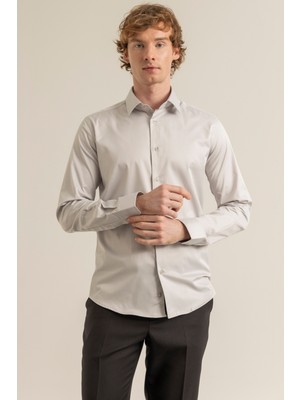 Alenmeza Erkek Taş Rengi %100 Pamuk Saten Non-Iron Ütü Istemeyen Casual Cepsiz Modern Fit Gömlek