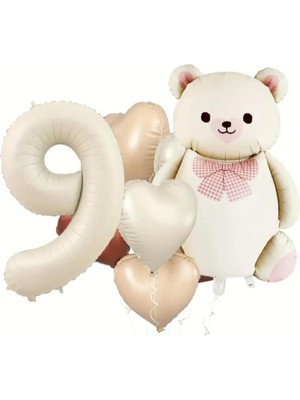 Sinda Krem Renk Papyonlu Ayı Doğum Günü Partisi Konsepti - Bej, Krem ve Çikolata Renk Kalp Balon-Yaş Günü