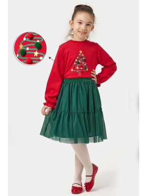 Name Baby & Kids Kız Çocuk Ponponlu Simli Etekli Yılbaşı Takımı NBK-24903