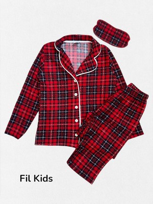 Aliş Kids Erkek Çocuk Pamuklu Kumaş Süet Kırmızı Ekose Desenli Uyku Bantlı Biyeli Gömlek Yaka Pijama Takımı