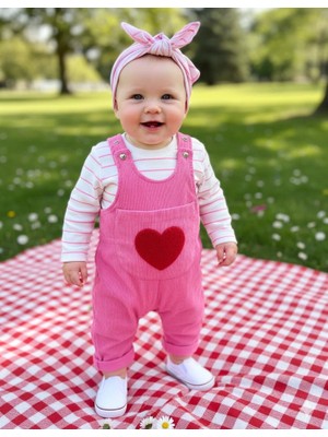 Kalp Punch Işlemeli Badili Salopet Takım - Pembe