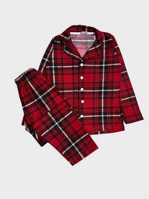 Aliş Kids Erkek Çocuk Pamuklu Süet Kumaş Kırmızı Ekose Desenli Gömlek Yaka Düğmeli Pijama Takımı