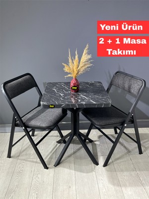 Hey Modüler Mobilya Mercan 2 Kişilik Yuvarlak Mutfak Yemek Masası Takımı 2+1 Siyah Mermer Gri Kumaş 60 cm