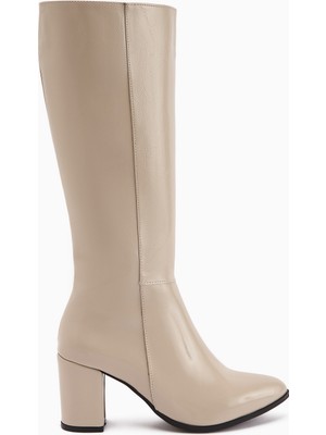 Limoya Tatum Bej Sivri Burunlu Orta Topuklu Çizme