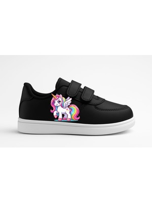 Lias Shoes Renkli Görkemli Beyaz At Baskılı Siyah Çocuk Spor Ayakkabı Sneaker