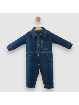 Gömlek Yaka Cepli Düğmeli Denım Tulum - NEC253218-LACIVERT-9 - 12 Ay Lacivert