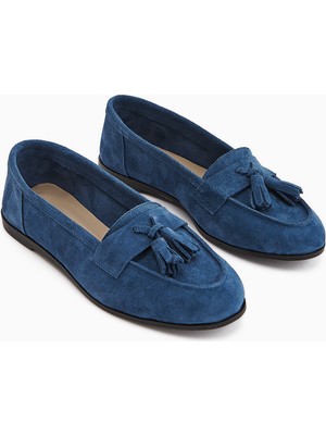 Limoya Doris Hakiki Deri Mavi Süet Püsküllü Kadın Loafer Ayakkabı