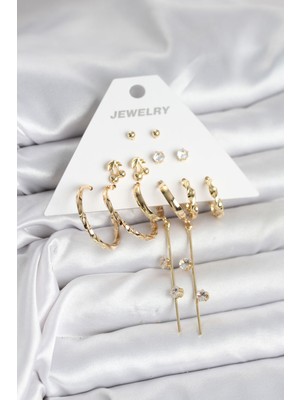 Clariss Gold Renk 6 Çift Pirinç Kadın Küpe Seti