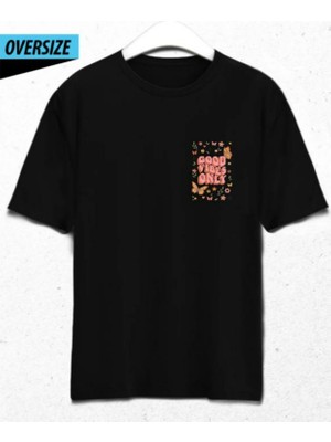 Hena Siyah Oversize Baskılı Pamuklu Tişört Good Vibes Only