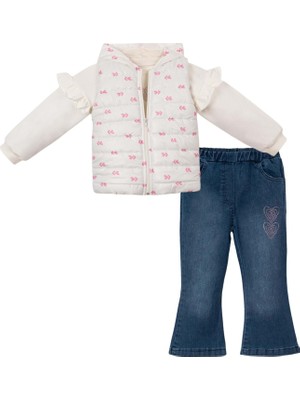 Kapüşonlu Kalpli Şişme Yelekli Denım Pantolonlu Üçlü Alt Üst Takım - NEC243271-PEMBE-1 - 2  Yaş Pembe