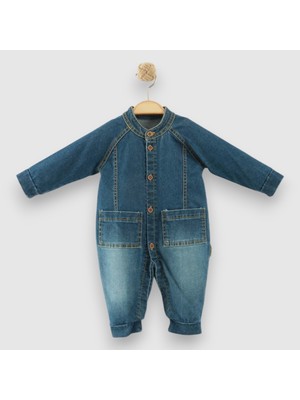 Hakim Yaka Cepli Düğmeli Denım Tulum - NEC253215-LACIVERT-9 - 12 Ay Lacivert