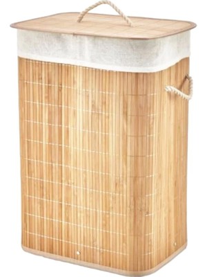 Timion Dikdörtgen Bambu Ahşap Kirli Çamaşır Sepeti 40X30X60CM Seyyar Kapaklı Içi Bezli Ip Kulplu (5148)