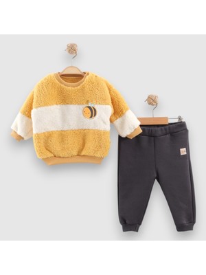 Happ Bee Nakışlı Peluş Sweatshırt Üç Iplik Şardonlu Alt Takım - NEC254127-SARI-9 - 12 Ay Sarı